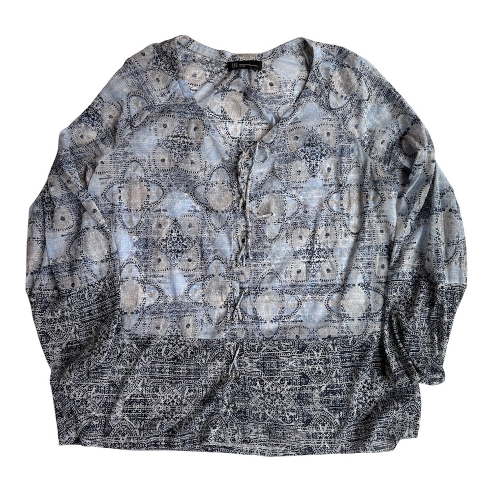 INC International Concepts Womens Blue Paisley Lace Up Mesh Knit Blouse Top XL